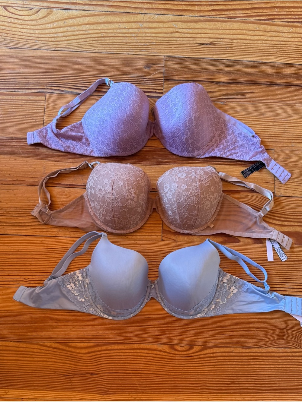 Victoria's Secret Three-Pack T-Shirt Bras in Lavender, Nude, and Light Blue